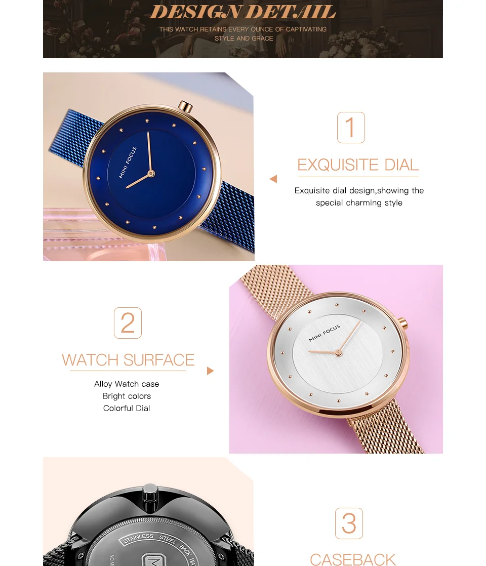 MINI FOCUS MF0179L Rose Gold Women’s Quartz Watch | Ultra Thin Mesh Strap Fashion Watch Factory OEM