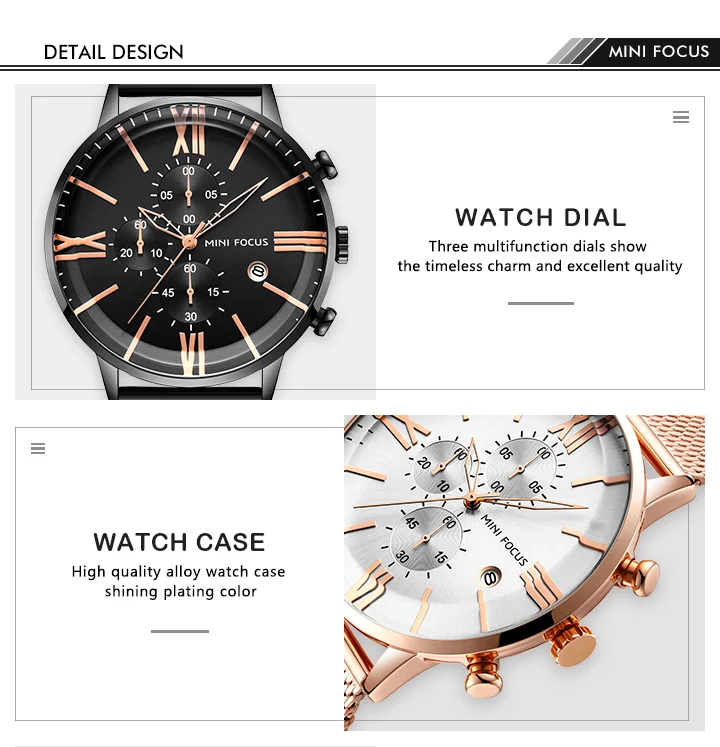 Mini Focus MF0236G Men’s Sports Quartz Watch | Chronograph Waterproof Stainless Steel Mesh Band