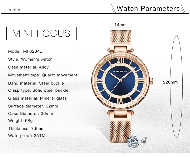Mini Focus MF0234L Ladies’ Luxury Slim Quartz Watch | Stainless Steel Mesh Business Dress Watch
