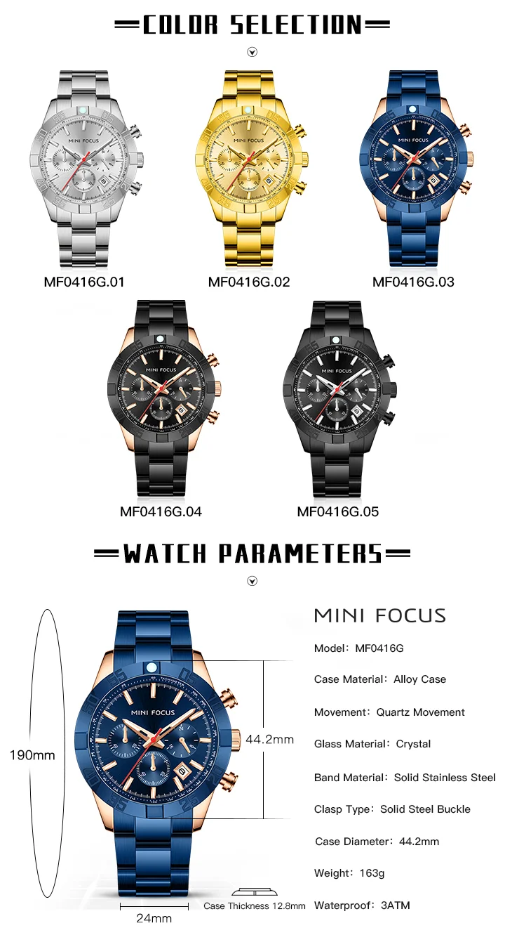 MINI FOCUS Business Chronograph Quartz Watch for Men Stainless Steel Wristwatch