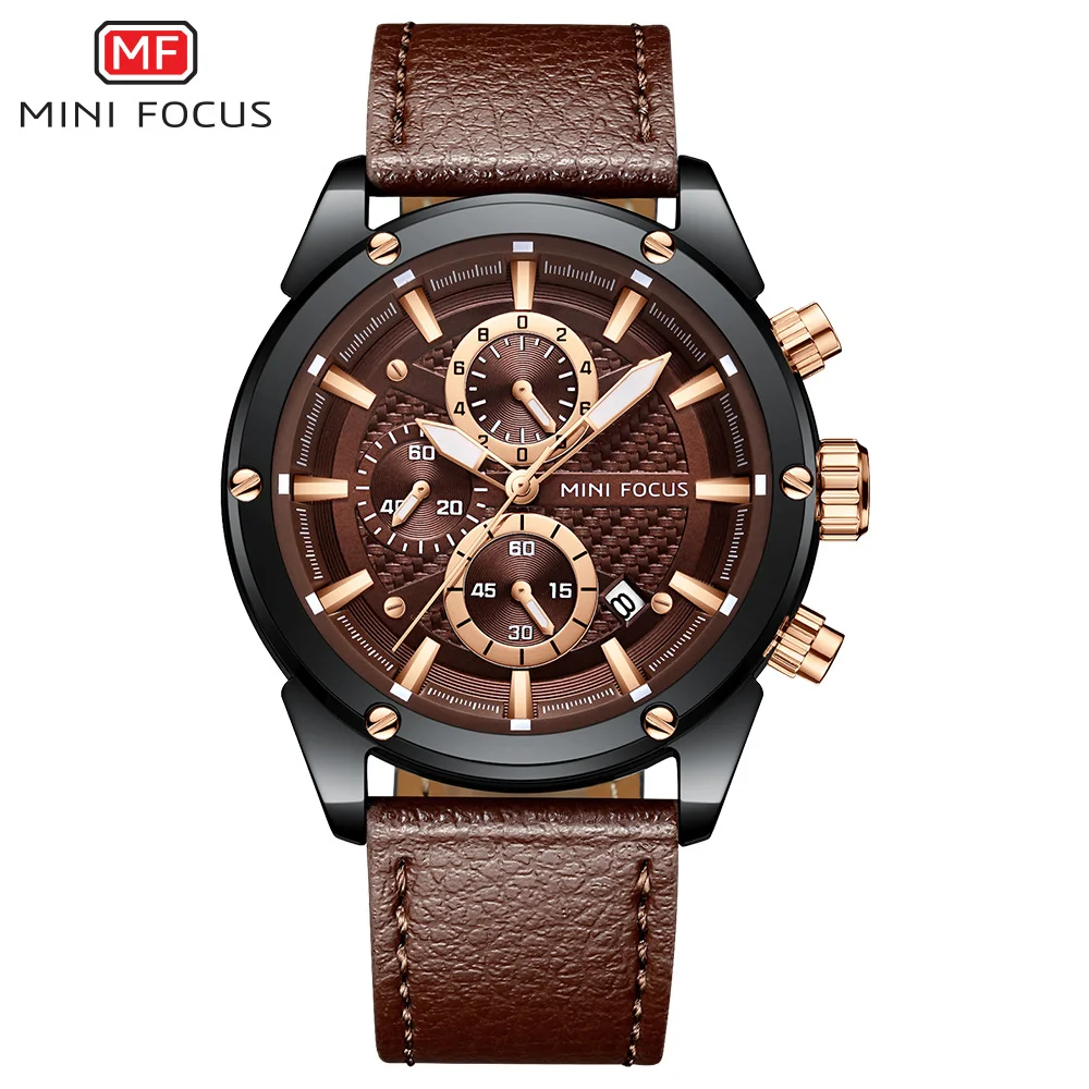 MINI FOCUS MF0161G Men’s Chronograph Quartz Watch | Three Eye Six Needle | High-Quality Leather Strap, Alloy Case