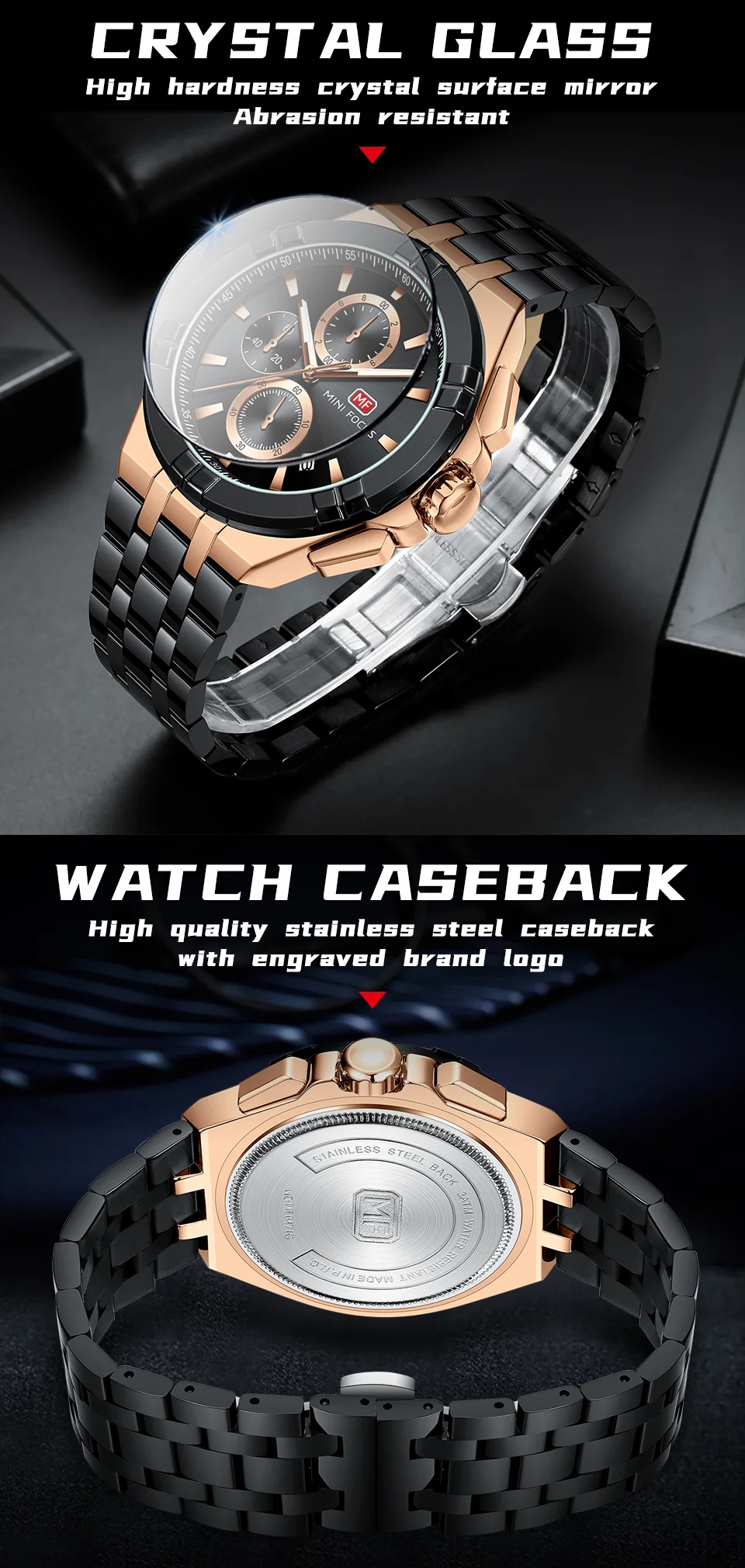 Mini Focus Top Sale Men’s Sports Chronometer Quartz Watch with Stainless Steel Band for Wholesale
