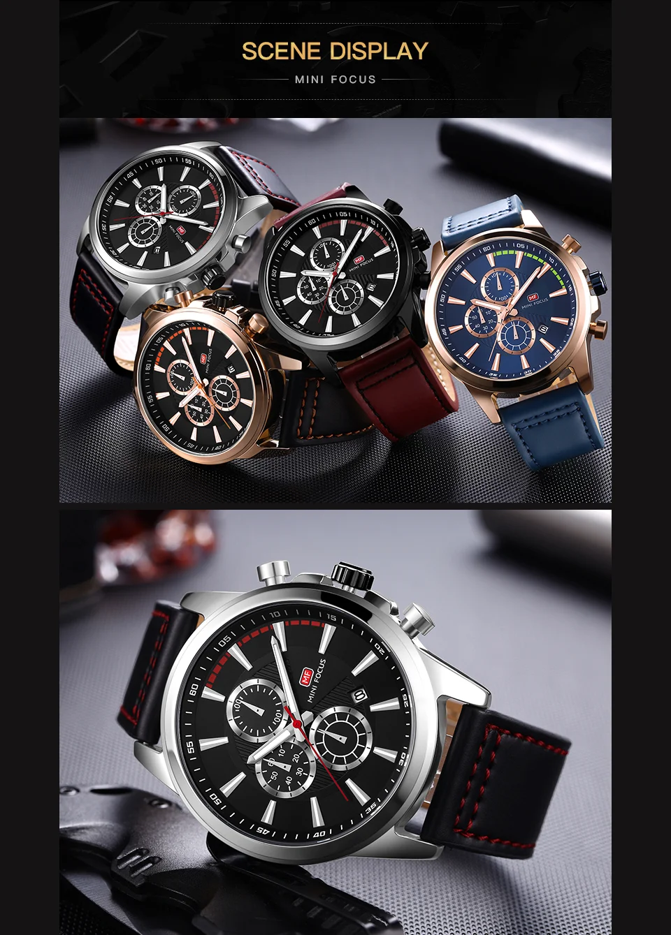 Mini Focus MF0129G Men’s Luxury Chronograph Watch | Sporty Leather Strap Quartz with Date | Factory Direct Wholesale