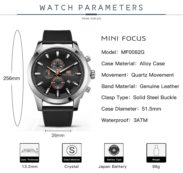 Mini Focus MF0082G Men's Watch | Fashionable Waterproof Leather Strap, Luminous Calendar, Quartz Movement
