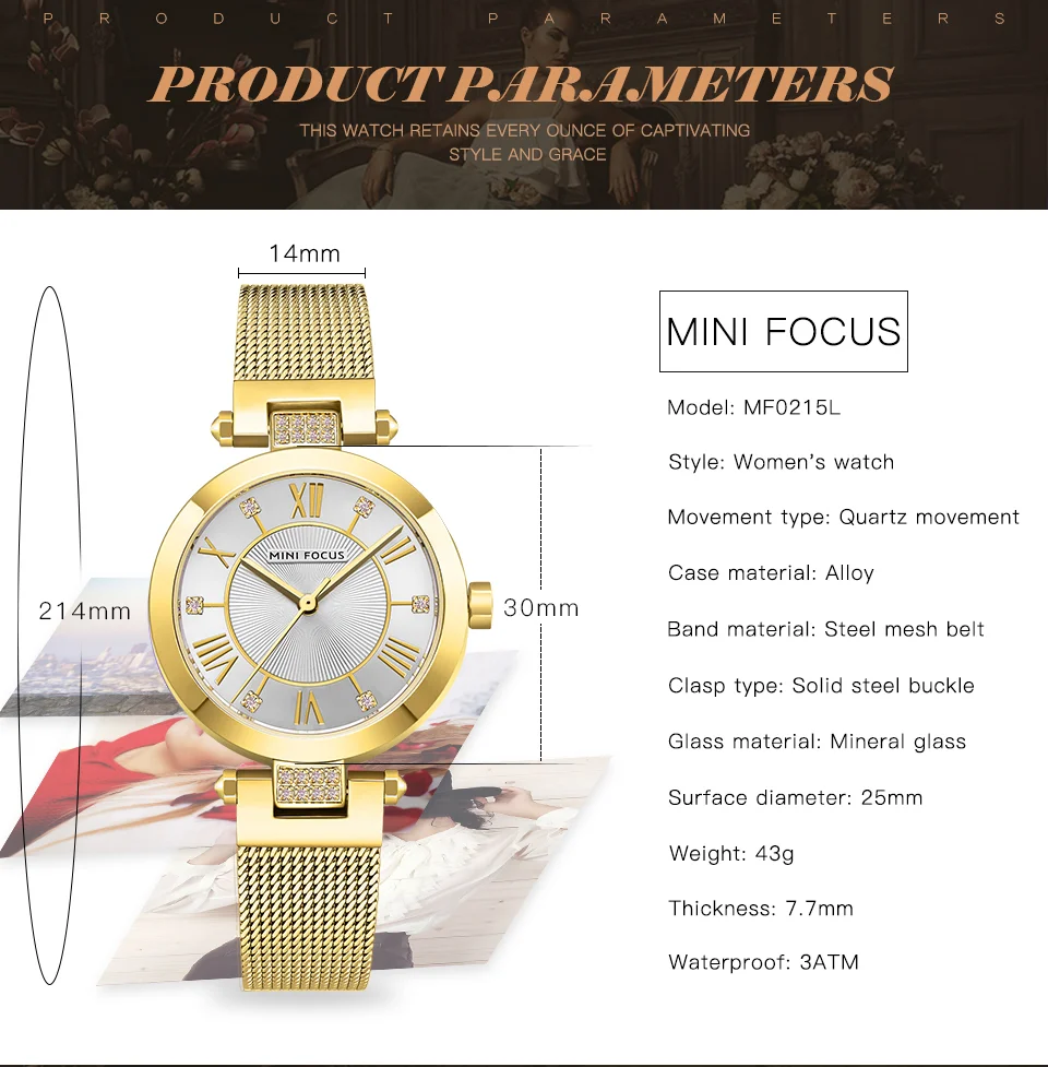 Mini Focus MF0215L Ladies Luxury Diamond Quartz Watch | Golden Mesh Strap | Waterproof Factory Wholesale