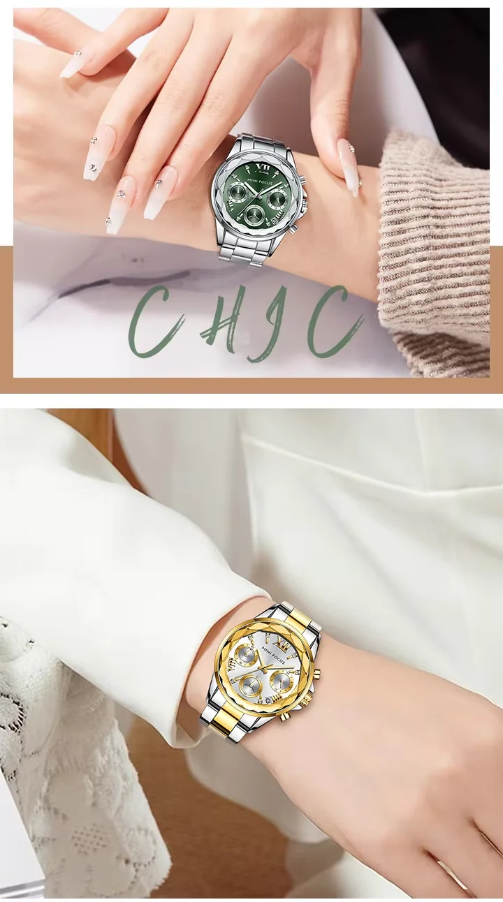High-End Ladies Chronograph Watch &ndash; MINI FOCUS MF0466L Stainless Steel Strap  3 ATM Waterproof