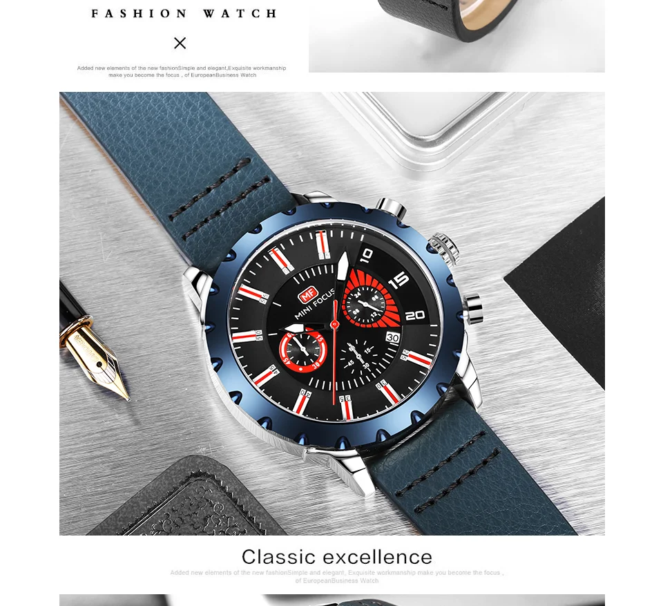 Mini Focus MF0079G Luxury Men's Chronograph Watch | Big Dial Leather Strap Quartz Business Wristwatch OEM Wholesale