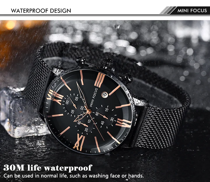 Mini Focus MF0236G Men’s Sports Quartz Watch | Chronograph Waterproof Stainless Steel Mesh Band