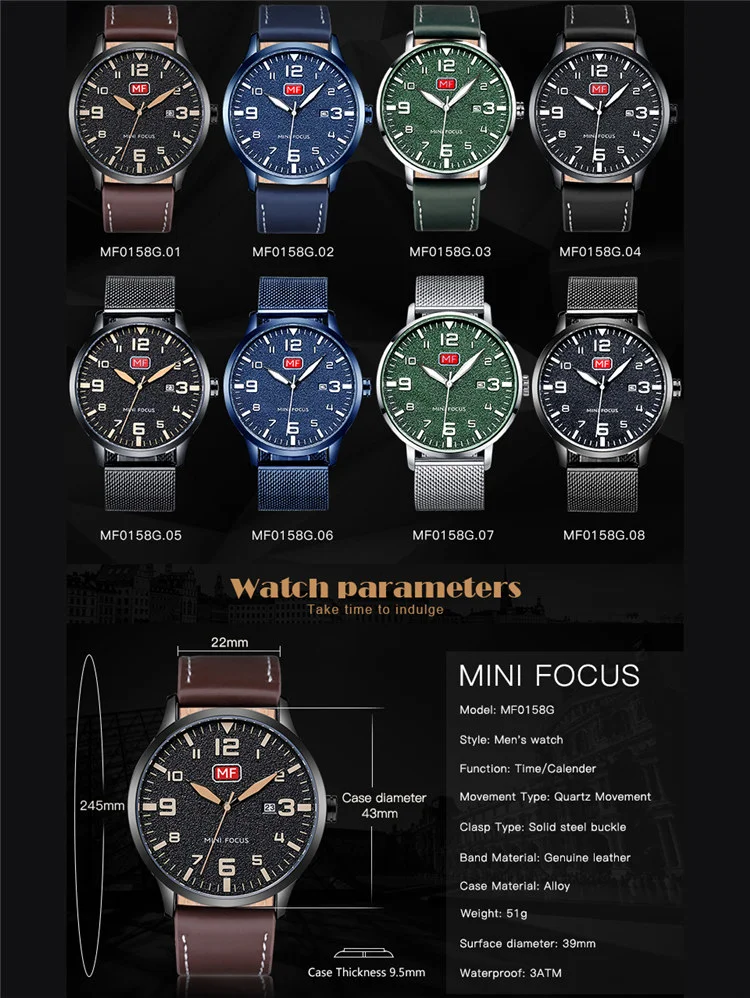 Mini Focus MF0158G Men’s Ultra-Thin Quartz Watch | Luxury Brand Waterproof Calendar with Milanese Stainless Steel Strap
