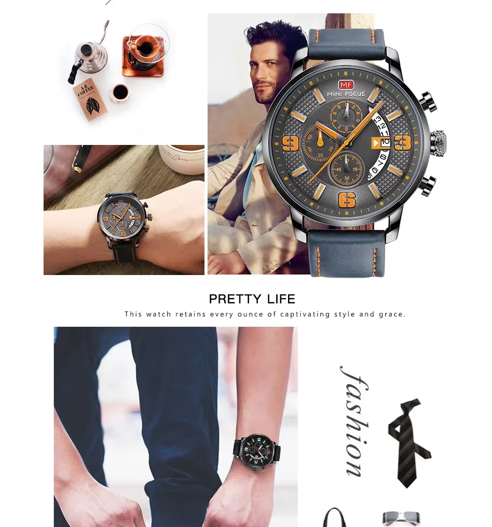 Mini Focus MF0025G Men’s Chronograph Quartz Watch | Leather Strap Waterproof 6-Hand Design | Factory Wholesale