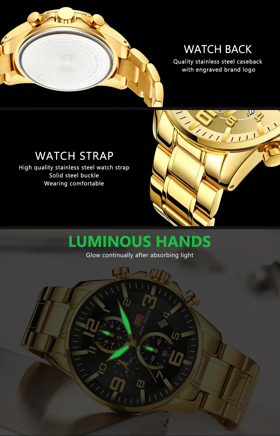 Mini Focus Gold Chronograph Men's Quartz Watch - Luxury Stainless Steel, Waterproof, Wholesale
