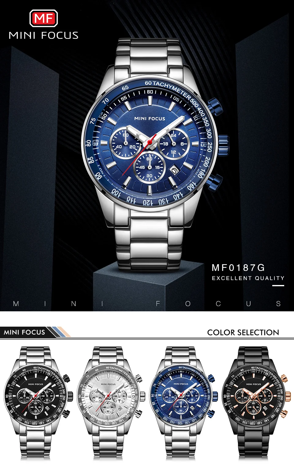 Mini Focus MF0187G Men’s Sports Chronograph Watch | Stainless Steel Wristwatch with Luminous Dial & Calendar