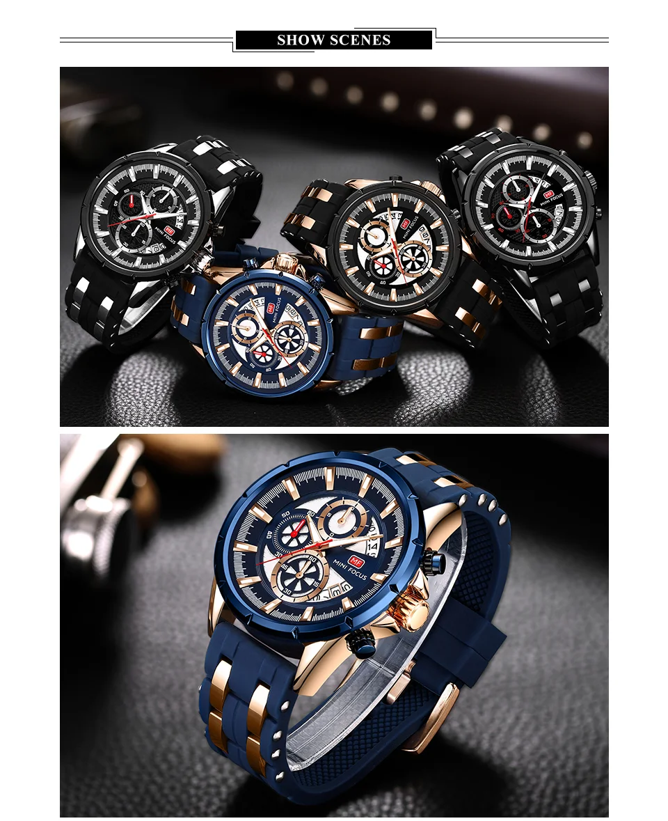 Mini Focus Men Sports Quartz Watches Luminous Hands Waterproof Chronograph Calendar Silicone Strap Fashion Watch