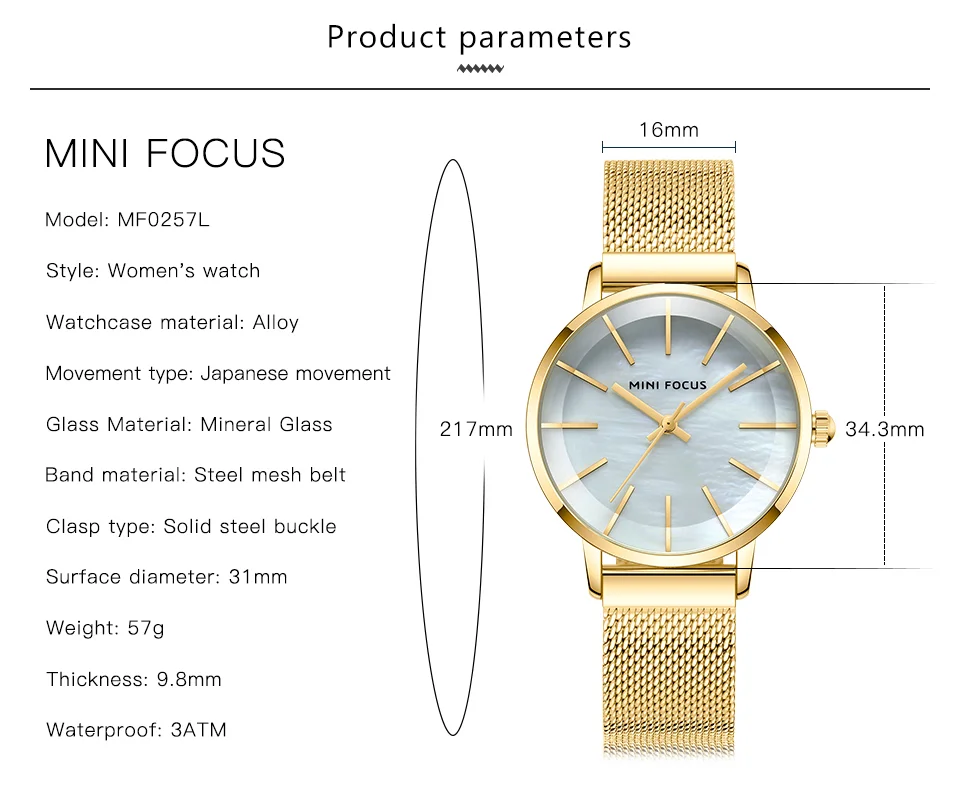 Mini Focus MF0257L Women's Quartz Watch | Steel Mesh Belt Simple Waterproof Analog Dress Wristwatch