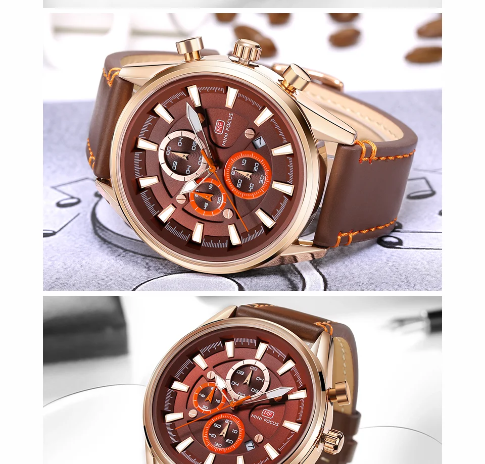Mini Focus MF0083G Men's Fashion Watch | Genuine Leather Strap, Luminous Hands, Waterproof Quartz Movement, ODM Available