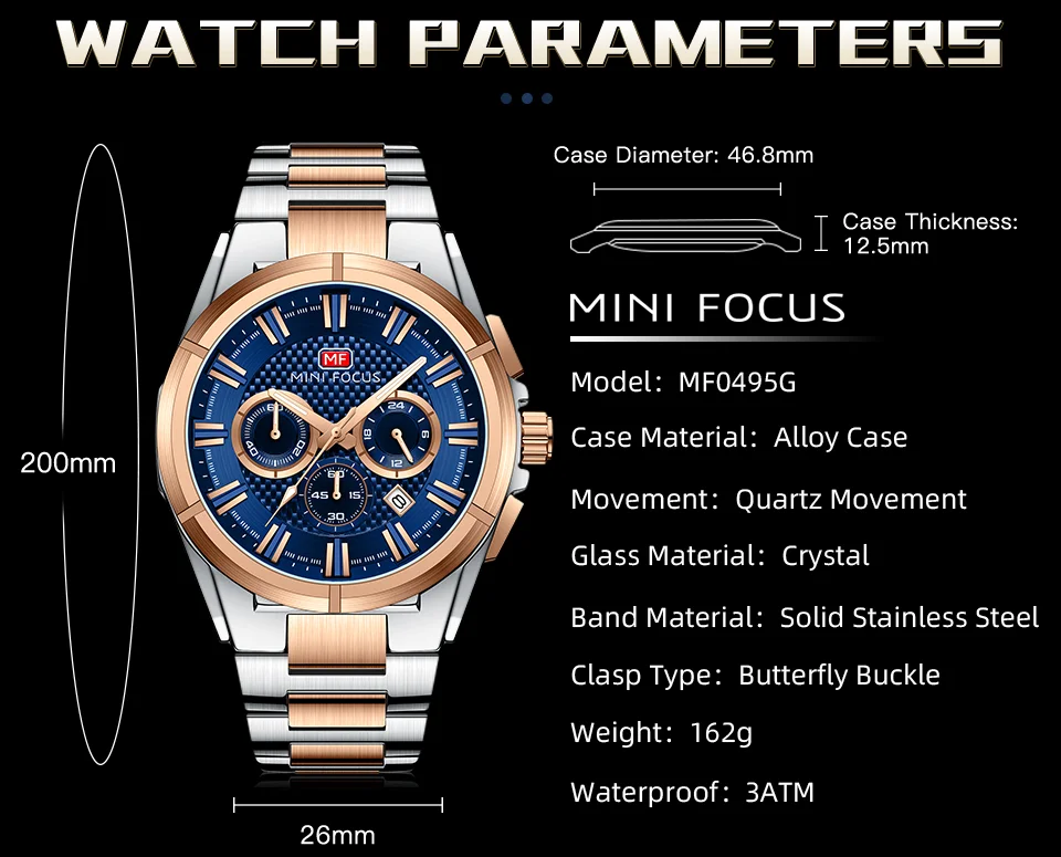 Mini Focus MF0495G Men Chronograph Sport Watch Waterproof Stainless Steel Strap Wristwatch Manufacturer
