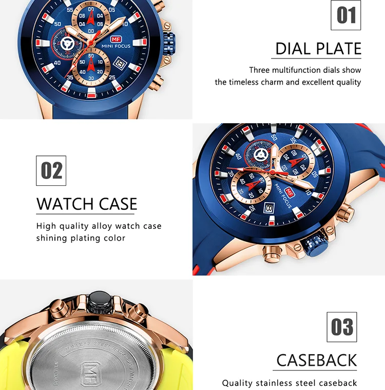 Mini Focus Sports Quartz Watch | Blue Chronograph with Silicone Band & Date Display for Men