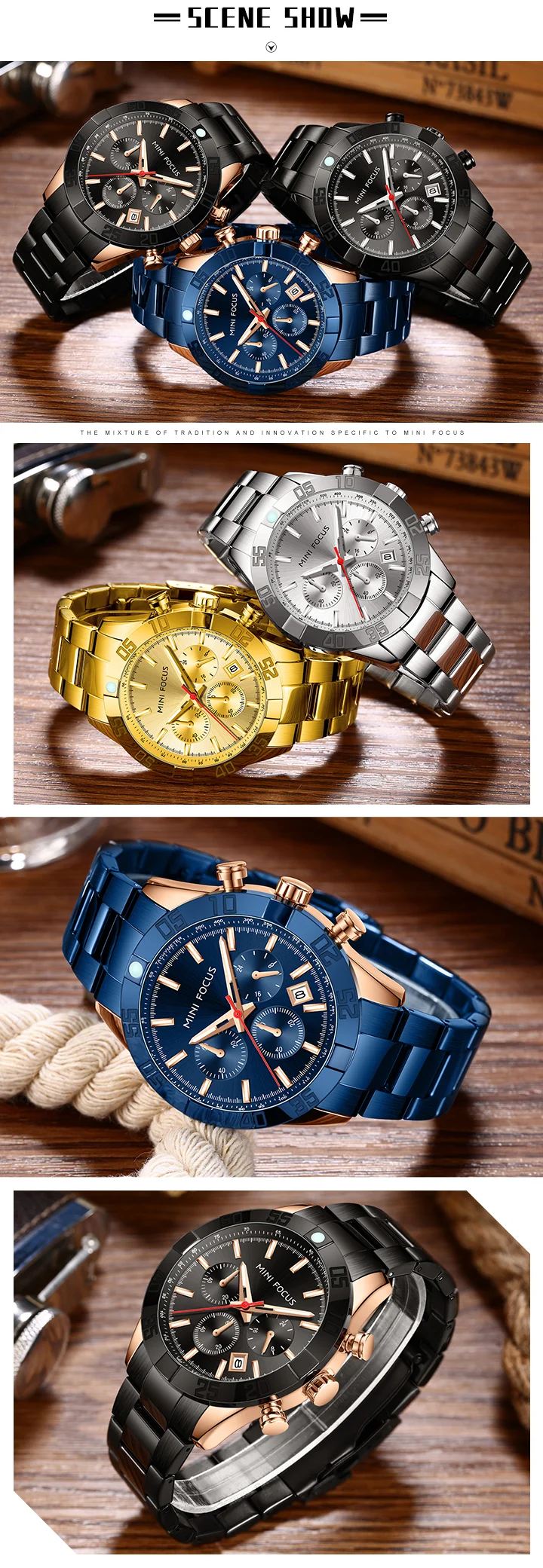 MINI FOCUS Business Chronograph Quartz Watch for Men Stainless Steel Wristwatch