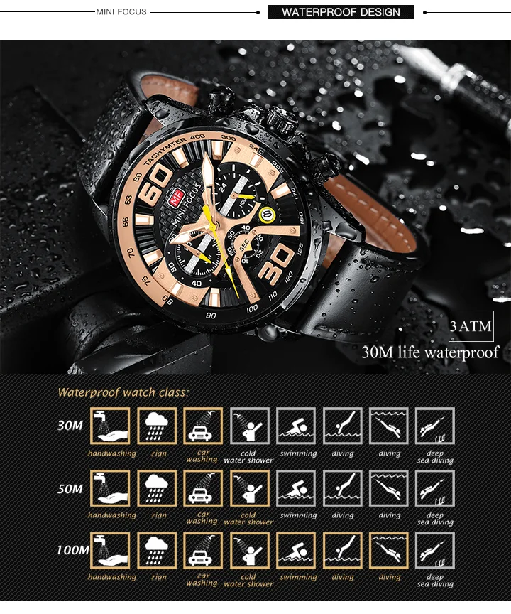 Genuine Leather Business Watch for Men – Chronograph Luminous Quartz by MINI FOCUS