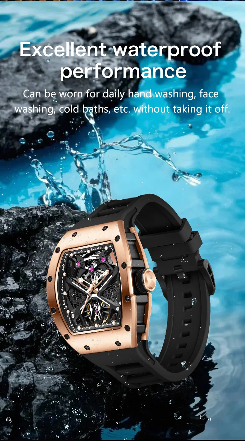 CHANCE 919005 Sporty Mechanical Watch 50M Waterproof, Hollow Dial, Silicone Strap for Men