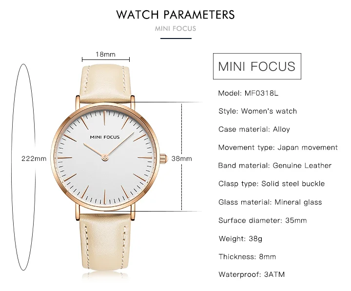 MINI FOCUS Hot Sell Blue Lady Quartz Watch Excel Leather Band Waterproof Analog Display Big Casual Hand Watch