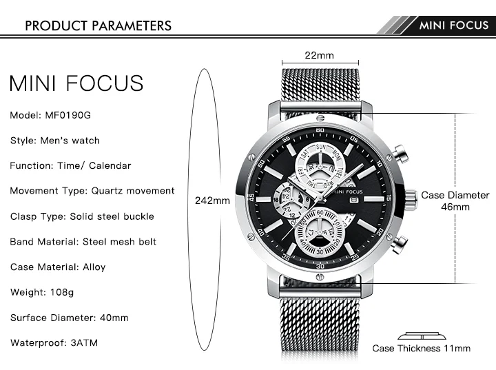 Mini Focus MF0190G Chronograph Men’s Quartz Watch | Sports Waterproof Mesh Strap Factory Wholesale
