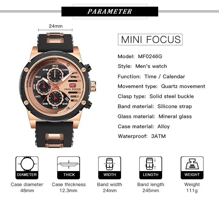 Mini Focus MF0246G Men’s Quartz Wristwatch | Alloy Case, Silicone Strap, 48mm Antique Dial