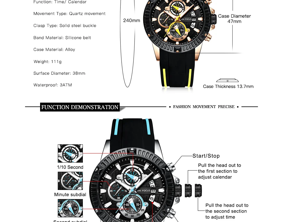 Mini Focus MF0244G Men’s Fashion Sports Watch | Waterproof Quartz Rubber Strap Timepiece
