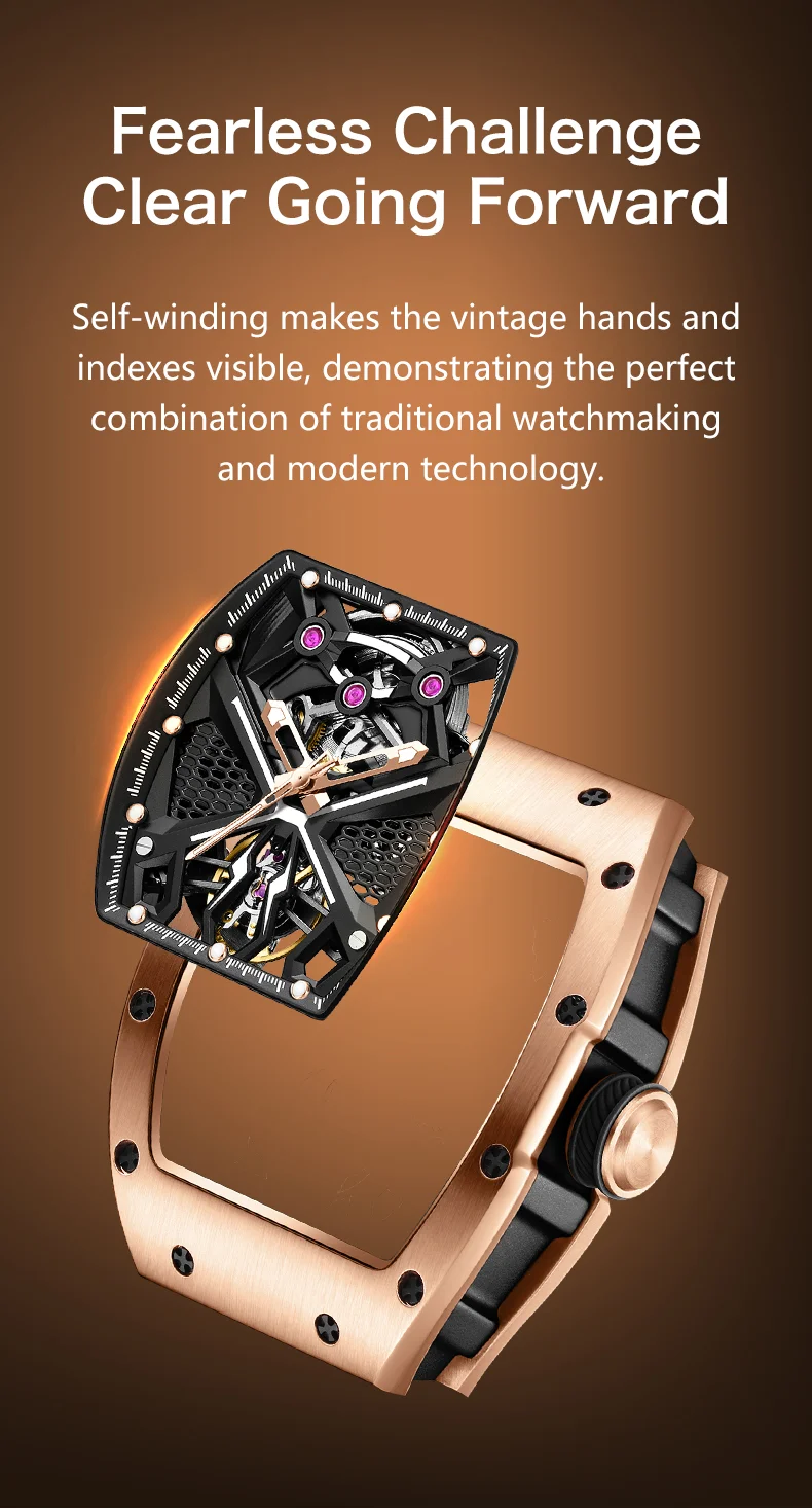 CHANCE 919005 Sporty Mechanical Watch 50M Waterproof, Hollow Dial, Silicone Strap for Men