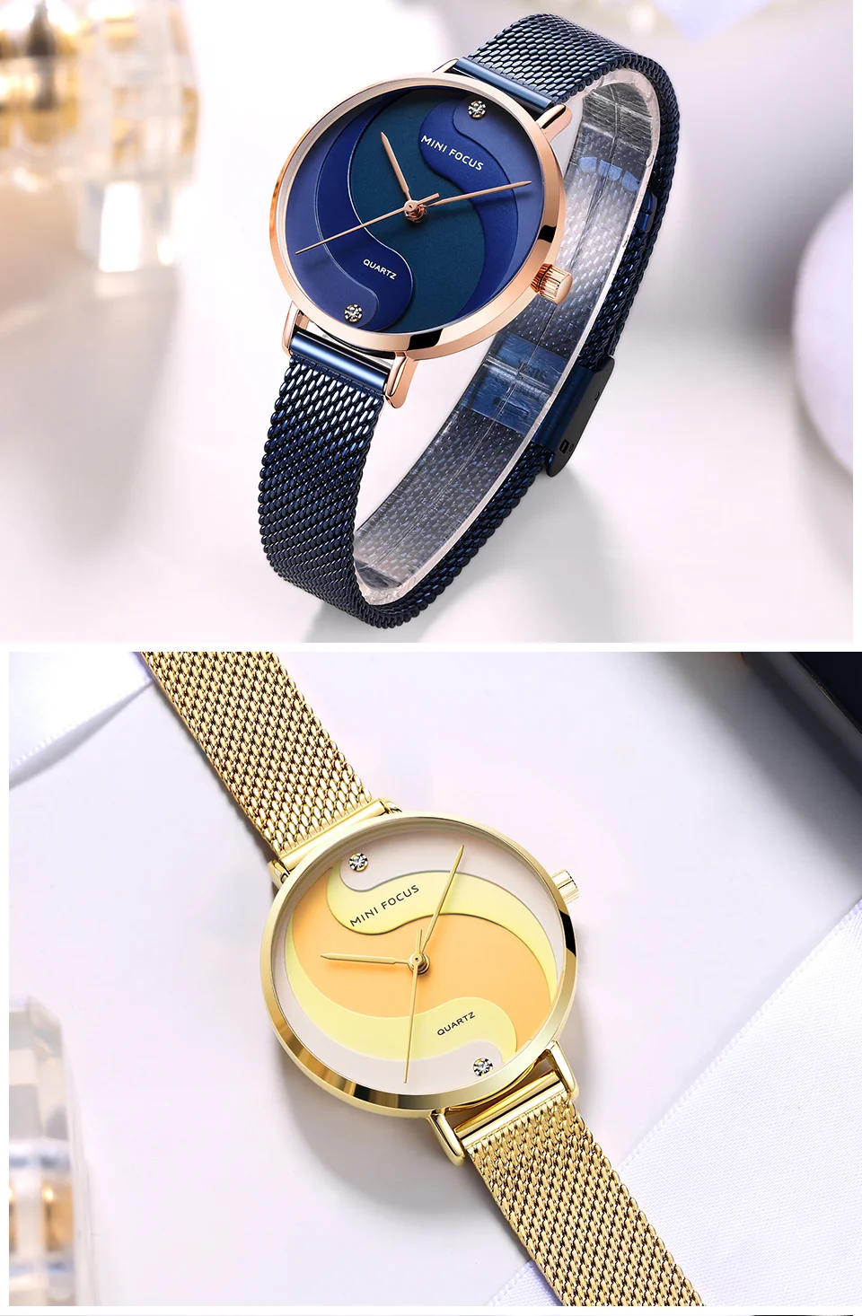 Elegant Women’s Quartz Watch with Gold Mesh Strap – Mini Focus Factory Wholesale