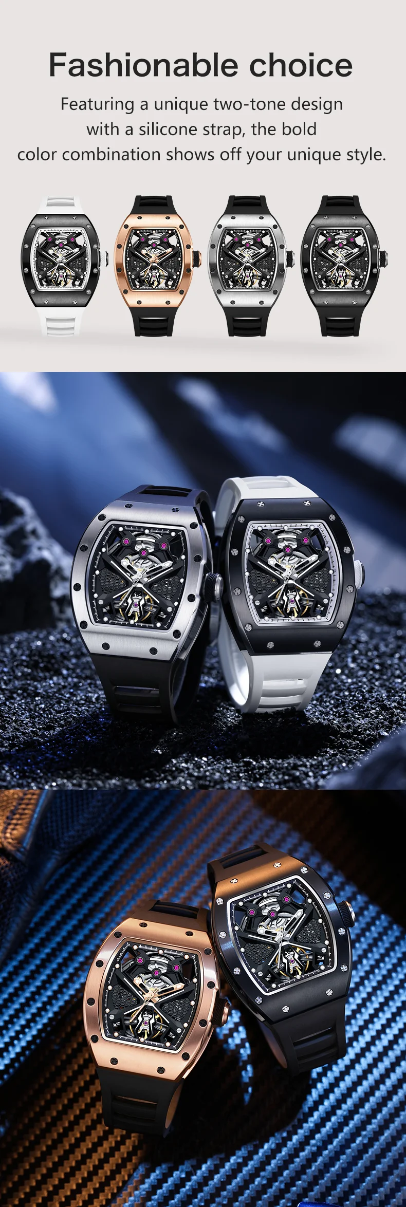 CHANCE 919005 Sporty Mechanical Watch 50M Waterproof, Hollow Dial, Silicone Strap for Men