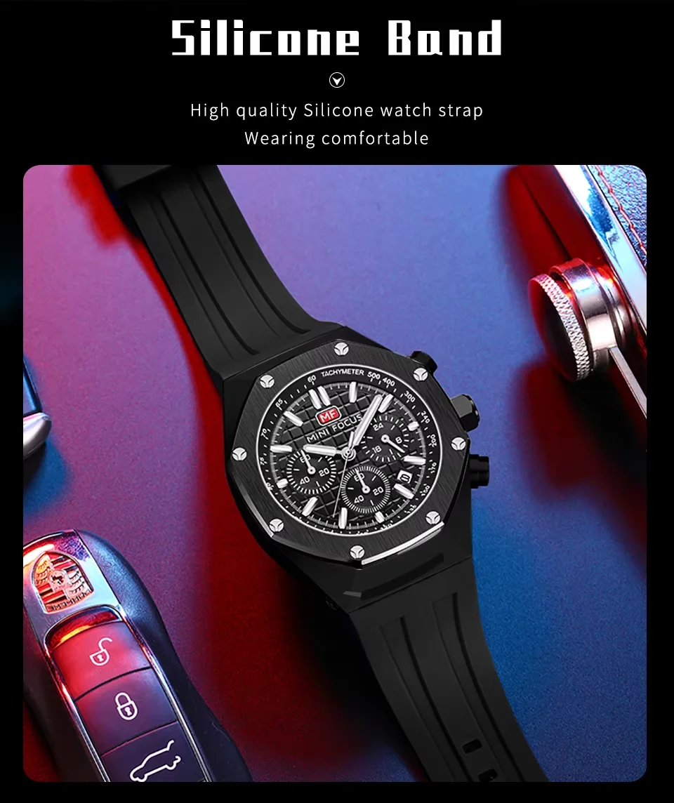 Sport Chronograph Quartz Watch for Men Waterproof Silicone Wristwatch by MINI FOCUS