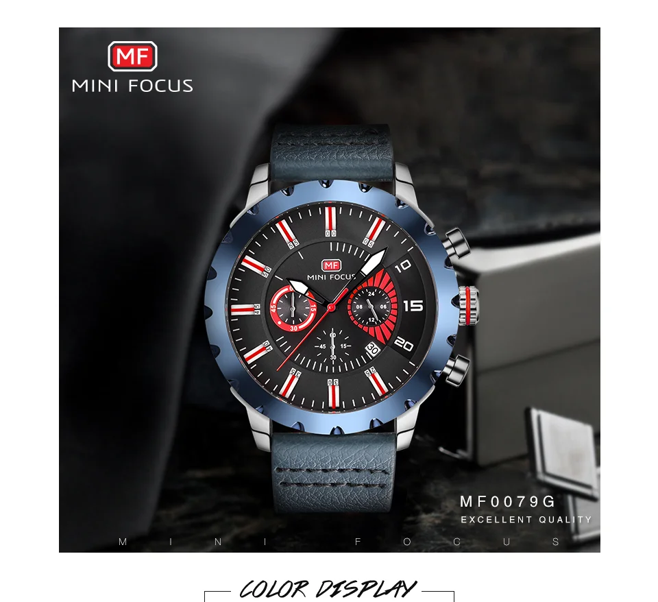 Mini Focus MF0079G Luxury Men's Chronograph Watch | Big Dial Leather Strap Quartz Business Wristwatch OEM Wholesale