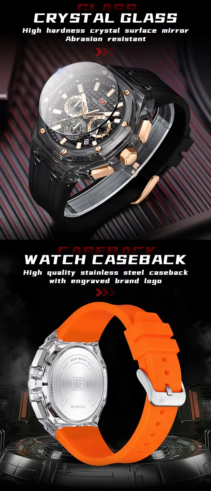 MINI FOCUS MF0616G Men's Sports Watch Cool Design, Waterproof Plastic Case, Silicone Strap Quartz Watch