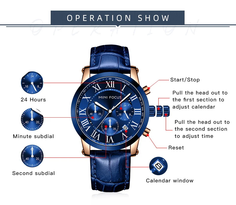 Fashion Leather Chronograph Watch for Men Classic Quartz Wristwatch by MINI FOCUS Wholesale 