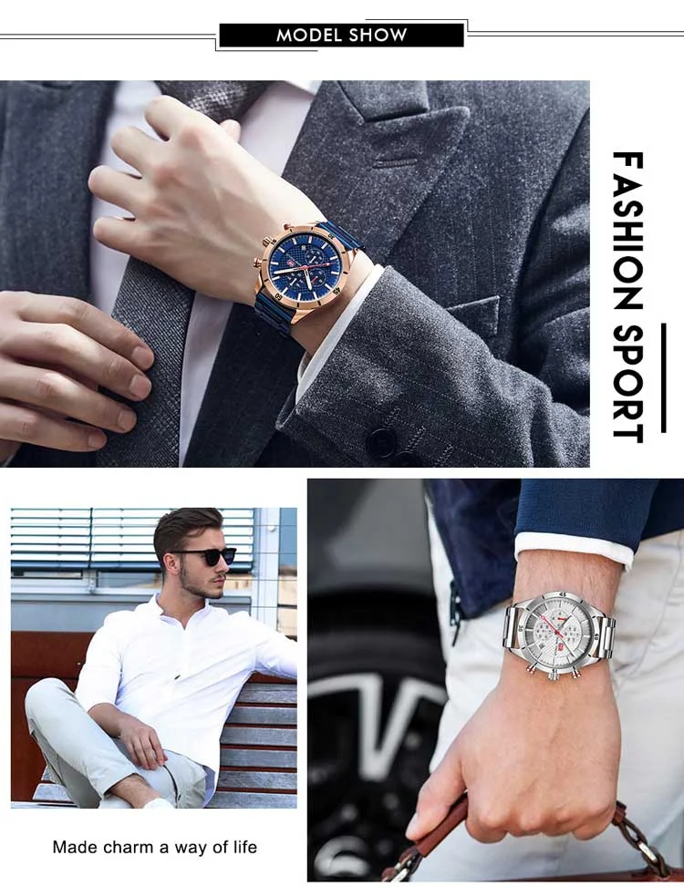 Mini Focus Blue Chronograph Watch for Men Stainless Steel Band Luxury Business Quartz Wristwatch