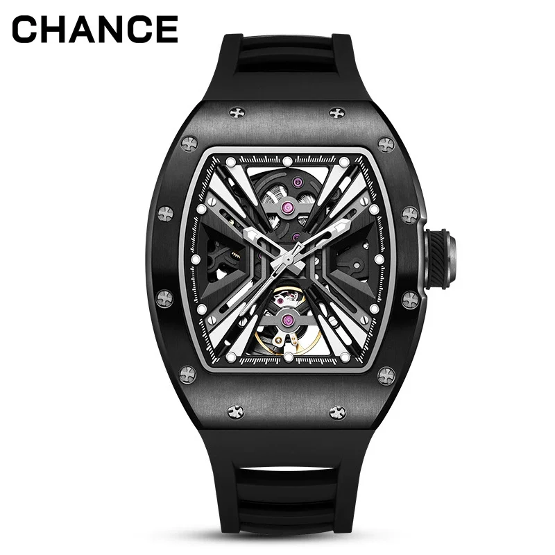 CHANCE 919004 Carbon Fiber Automatic Watch Luminous Silicone Strap Mechanical Watch for Men