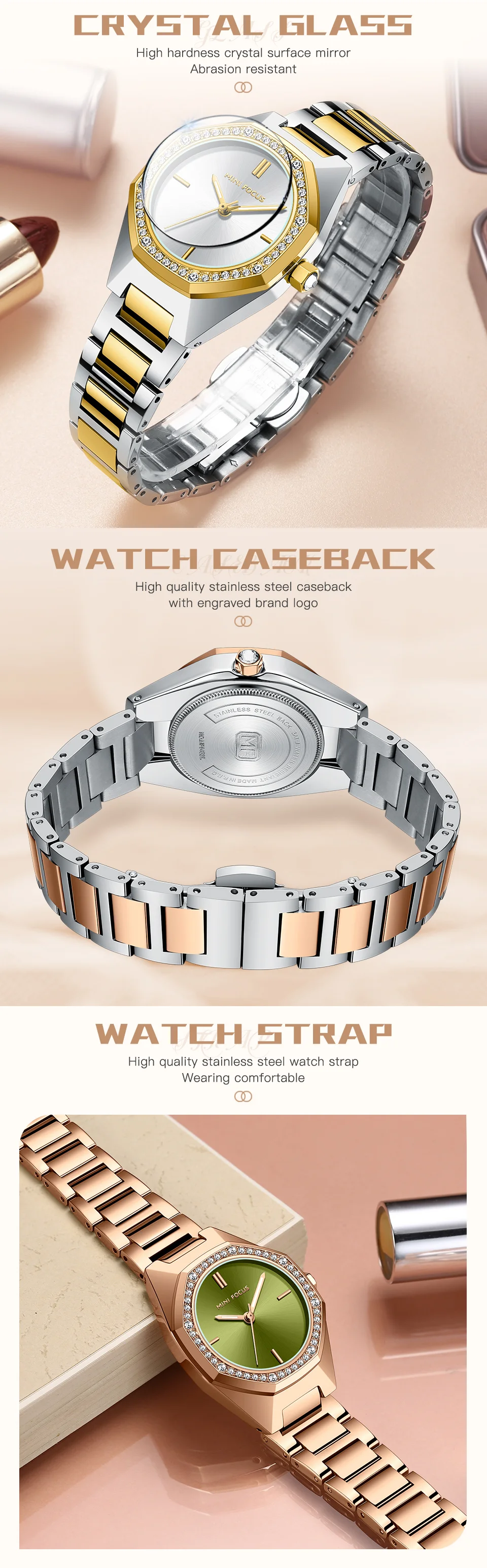 Elegant Rose Gold Women's Quartz Watch with Stainless Steel Strap Mini Focus Ladies Collection