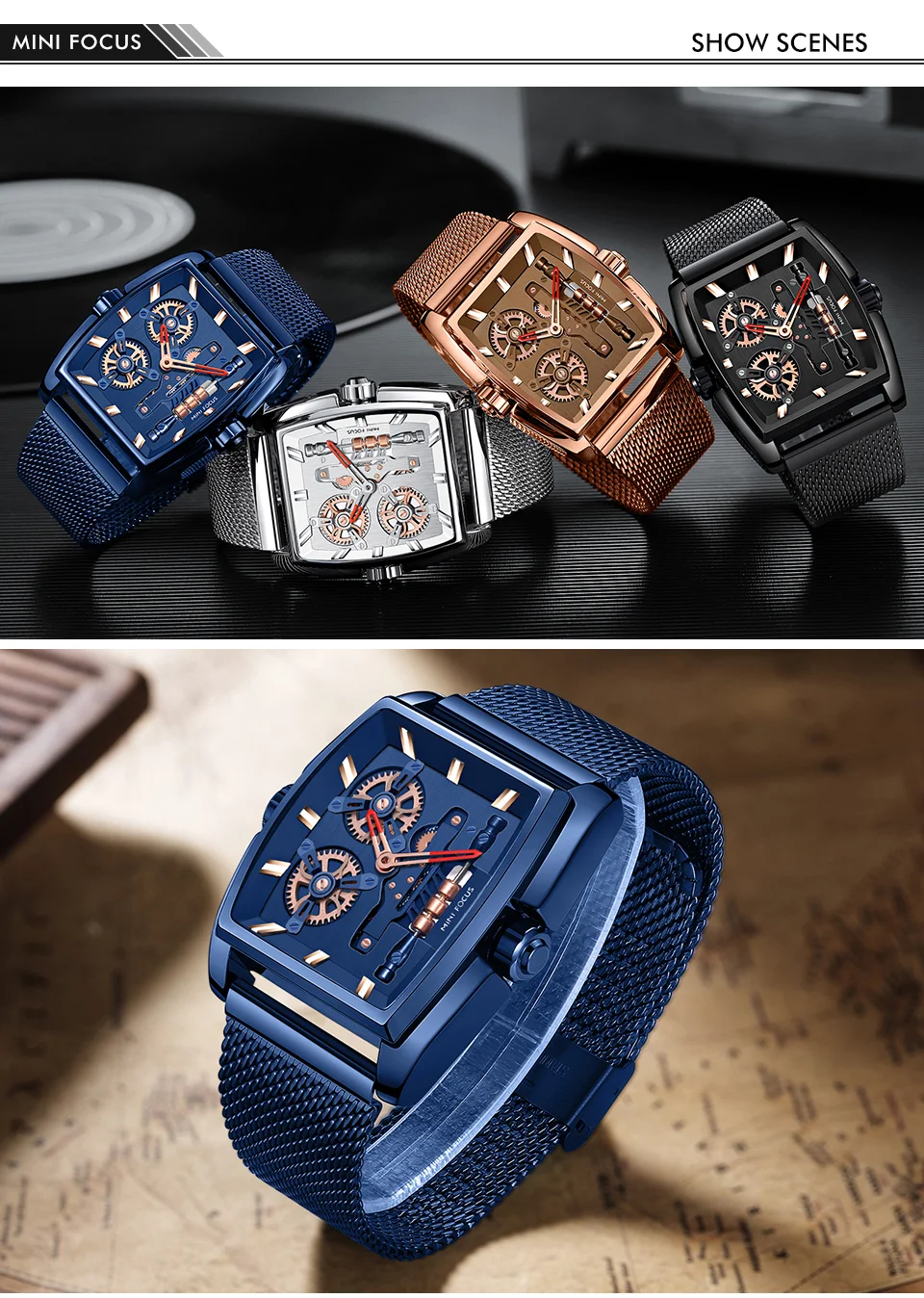 Mini Focus Cool Man Quartz Square Shape Watches Analog Water Resist Designer Luxury Men Leather And Stainless Hand Watch