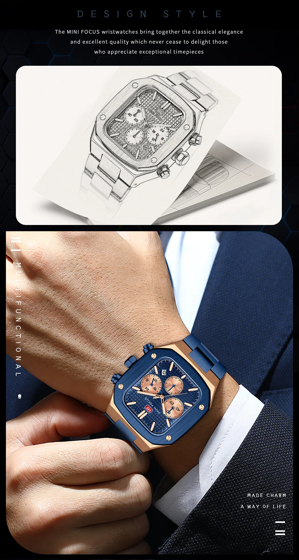 Stylish Luxury Quartz Watch for Men – Rose Gold Blue Chronograph by MINI FOCUS Factory Wholesale Supplier