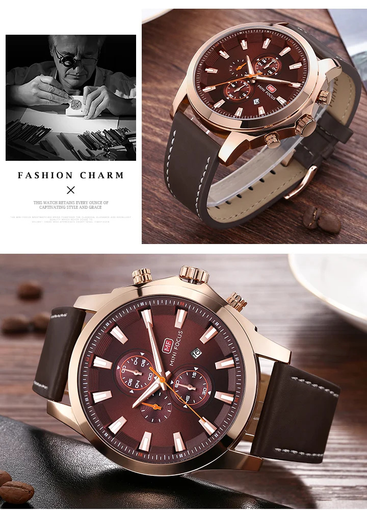 Mini Focus MF0082G Men's Watch | Fashionable Waterproof Leather Strap, Luminous Calendar, Quartz Movement