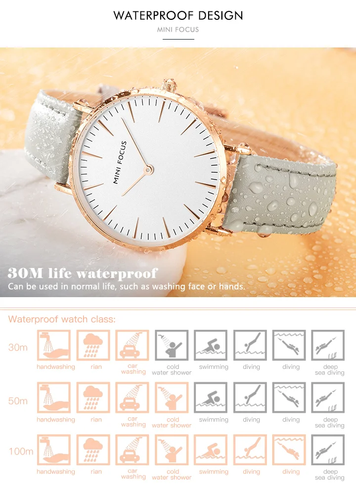 MINI FOCUS Hot Sell Blue Lady Quartz Watch Excel Leather Band Waterproof Analog Display Big Casual Hand Watch