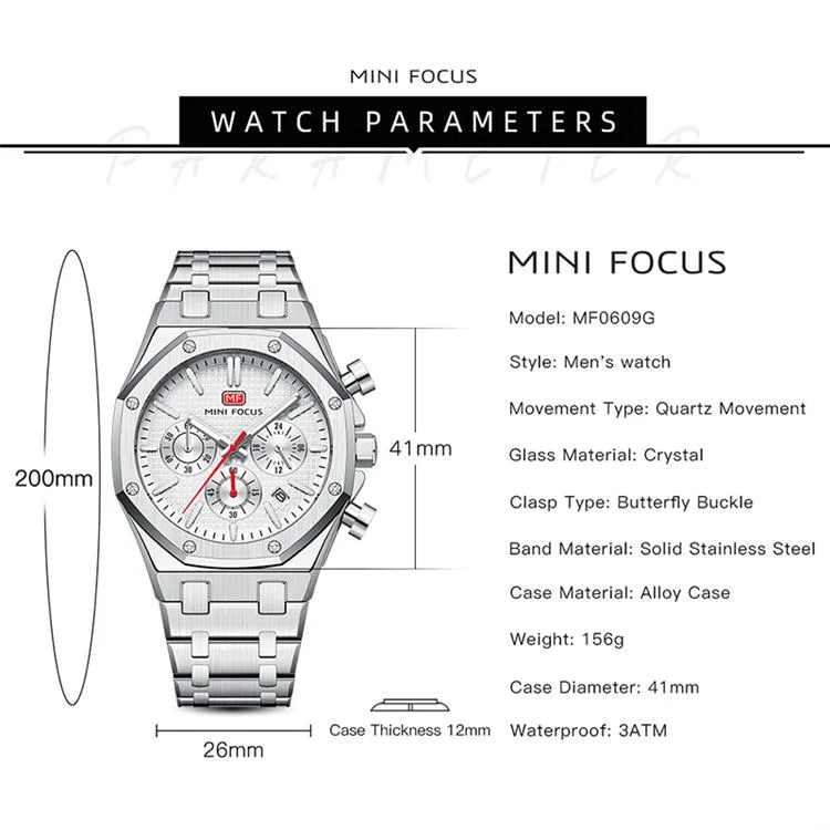 MINI FOCUS 0609 Elegance Men's Quartz Watch Stainless Steel, Luminous Chronometer for Business