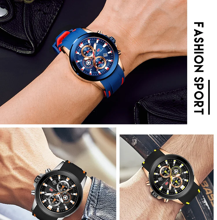Mini Focus Sports Quartz Watch | Blue Chronograph with Silicone Band & Date Display for Men
