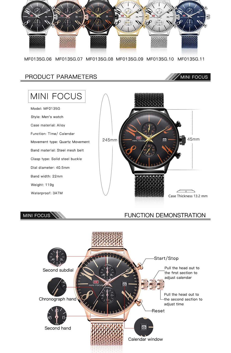 Mini Focus MF0135G Dual Time Men’s Watch | Waterproof Multi-Time Zone Quartz Watch Wholesale