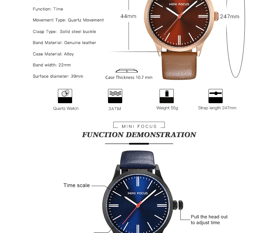 Mini Focus MF0058G Men’s Luxury Quartz Watch | Blue Leather Strap Casual Design | Factory Wholesale