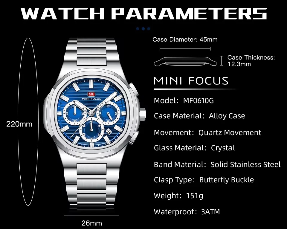 MINI FOCUS 0610G Men's Stainless Steel Waterproof Business Quartz Watch Top Quality, Elegant Design