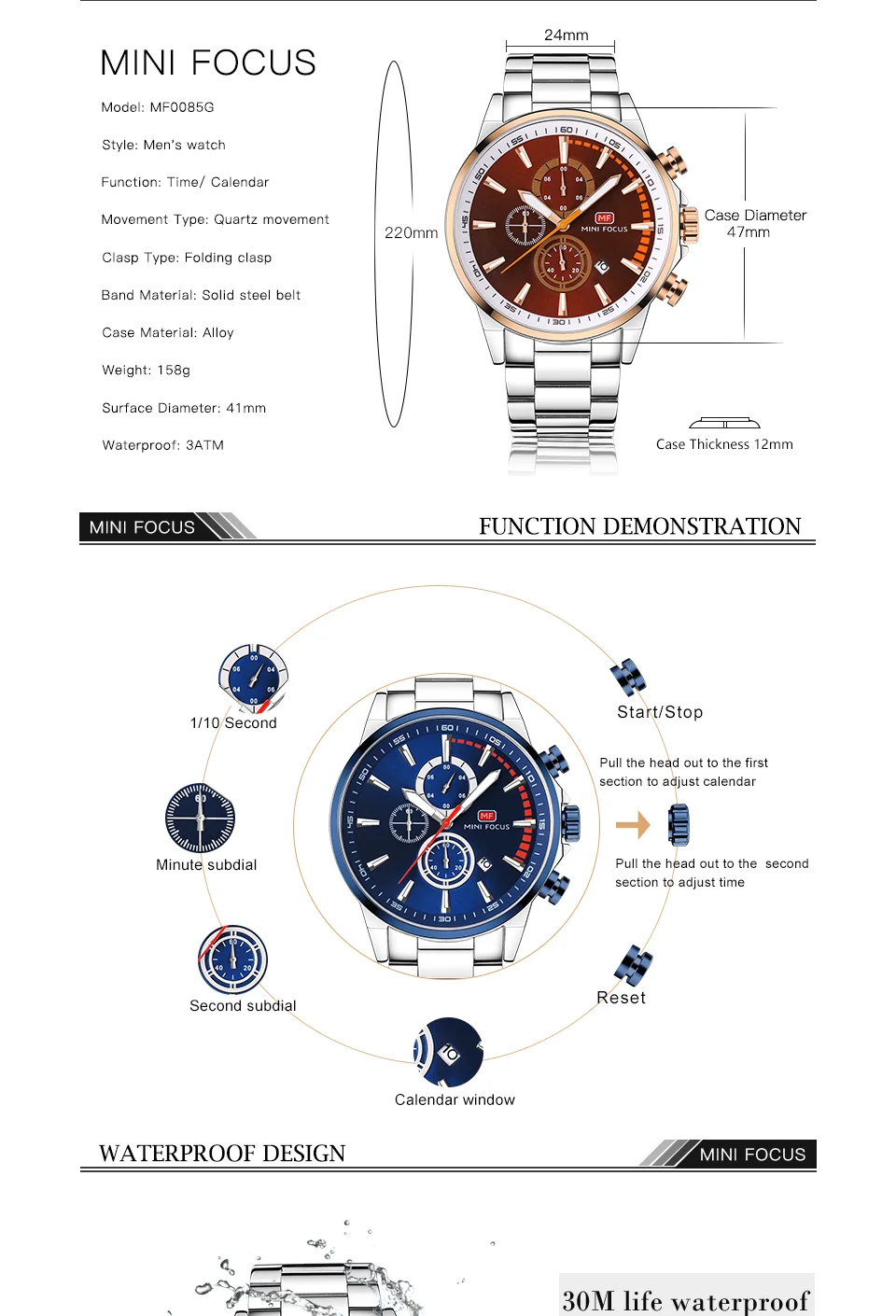 Mini Focus MF0085G Men's Sport Racing Style Chronograph Watch | Quartz Movement, Stainless Steel Wristwatch
