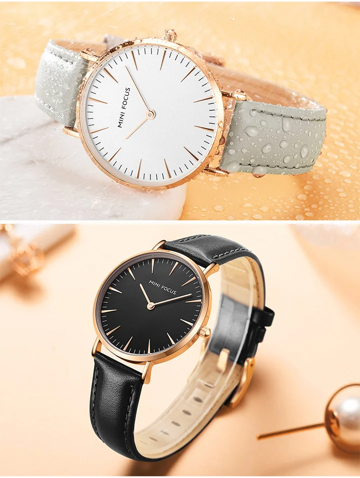 MINI FOCUS Hot Sell Blue Lady Quartz Watch Excel Leather Band Waterproof Analog Display Big Casual Hand Watch