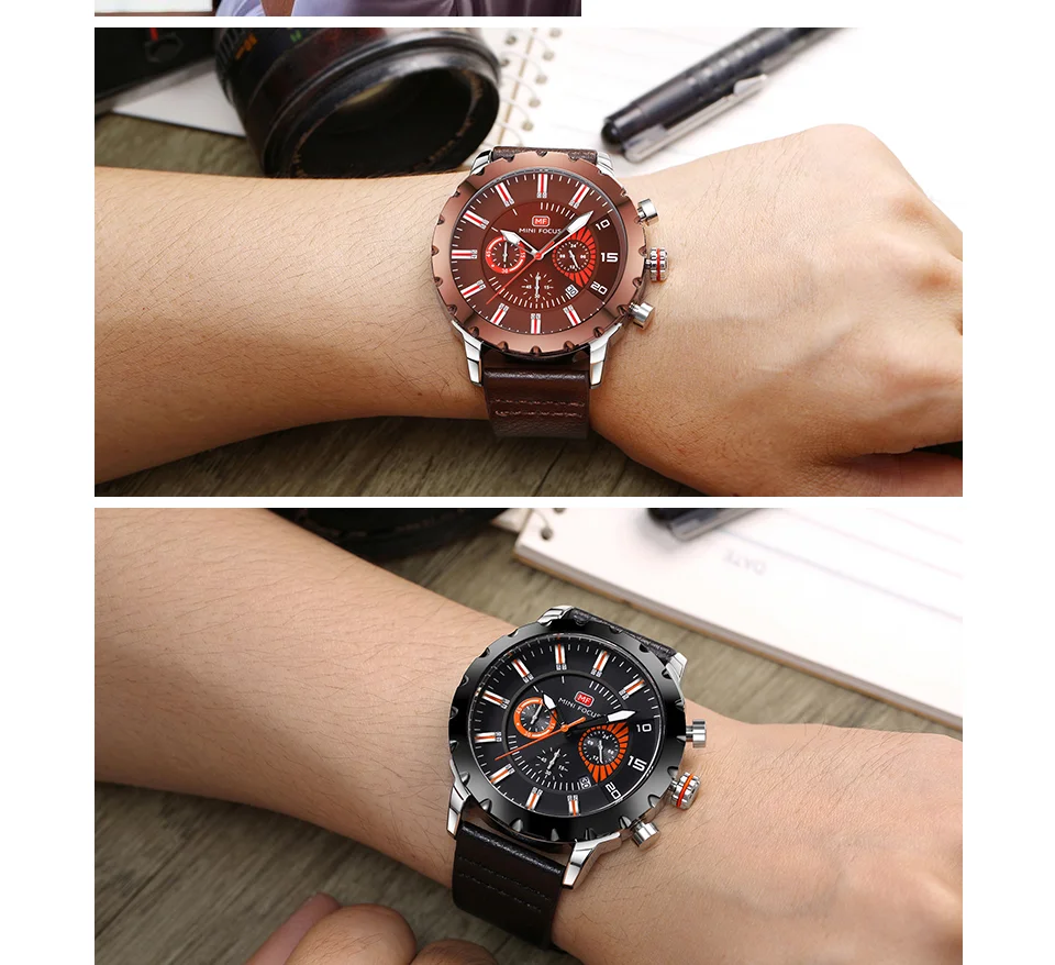 Mini Focus MF0079G Luxury Men's Chronograph Watch | Big Dial Leather Strap Quartz Business Wristwatch OEM Wholesale